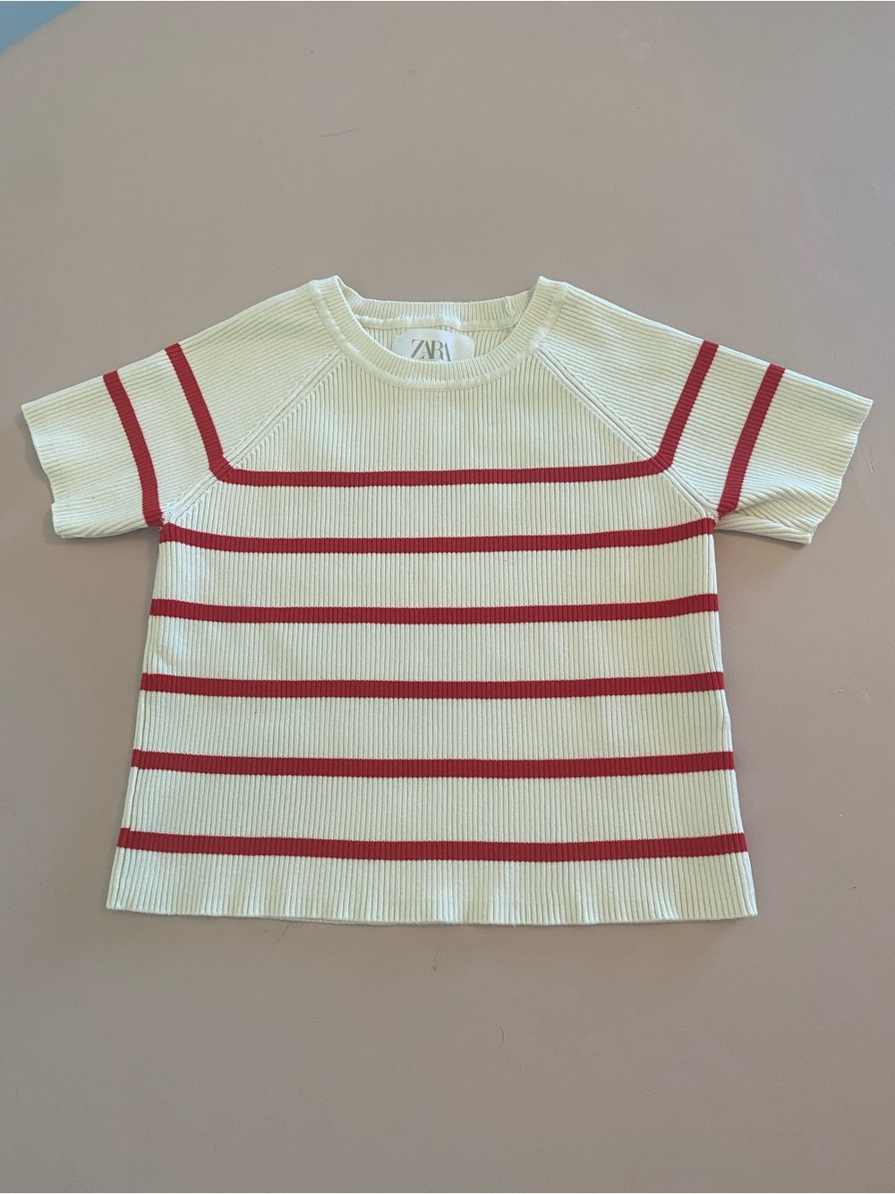 Zara Cream and Red Striped Short Sleeve Tee